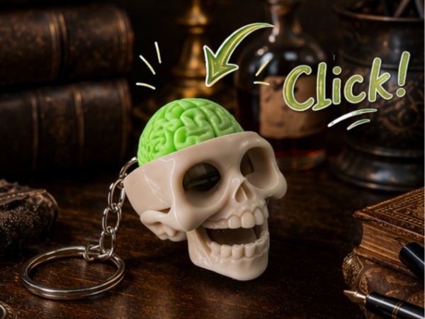 Chaveiro caveira com cérebro removível impresso em 3D