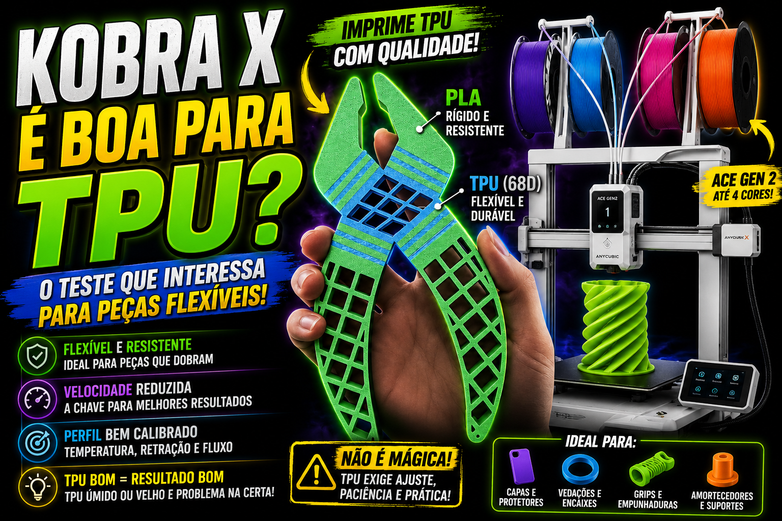 Kobra X e boa para TPU? O teste que interessa para pecas flexiveis