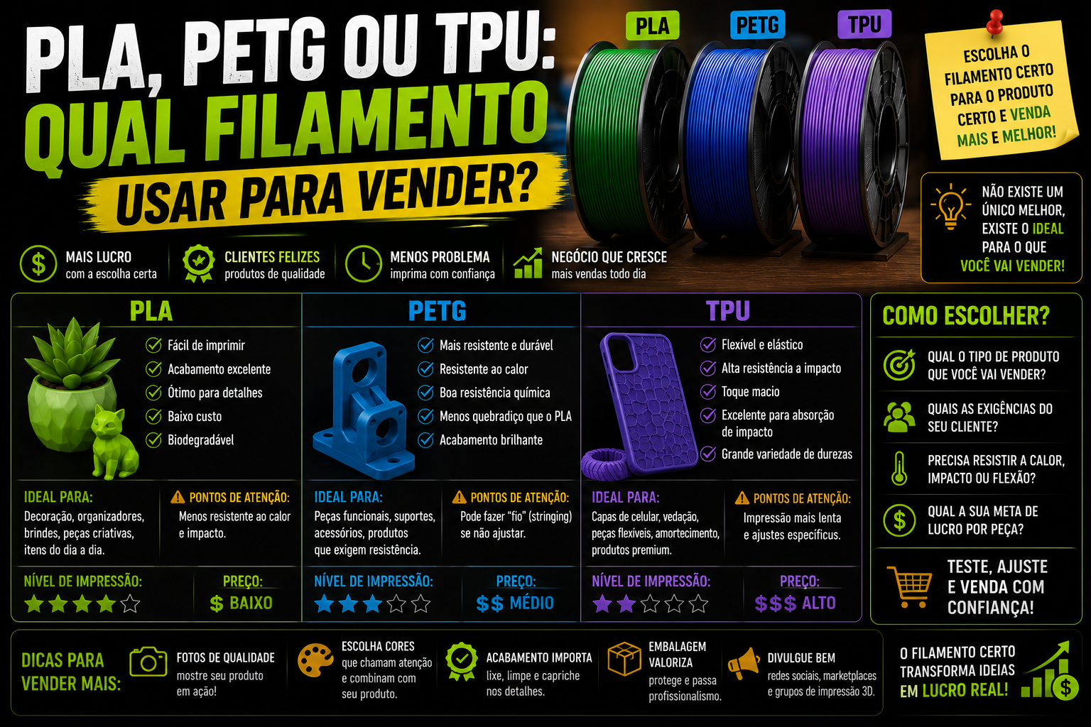 PLA, PETG ou TPU: Qual Filamento Usar para Vender?