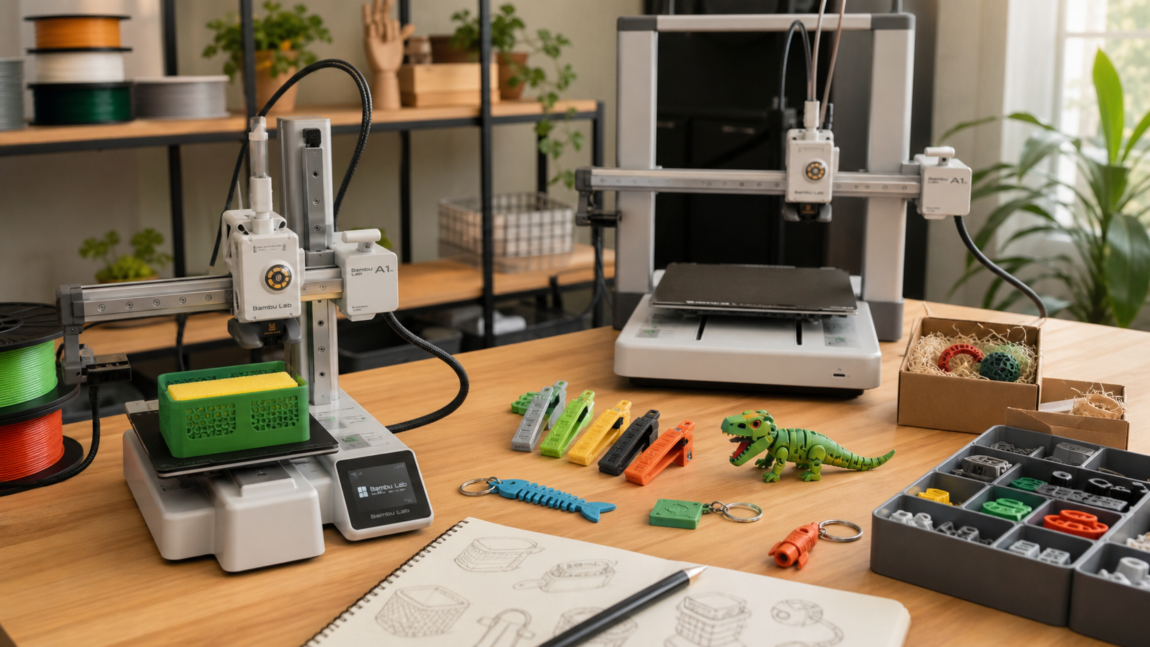 Bancada maker com impressoras 3D e produtos para validação de vendas