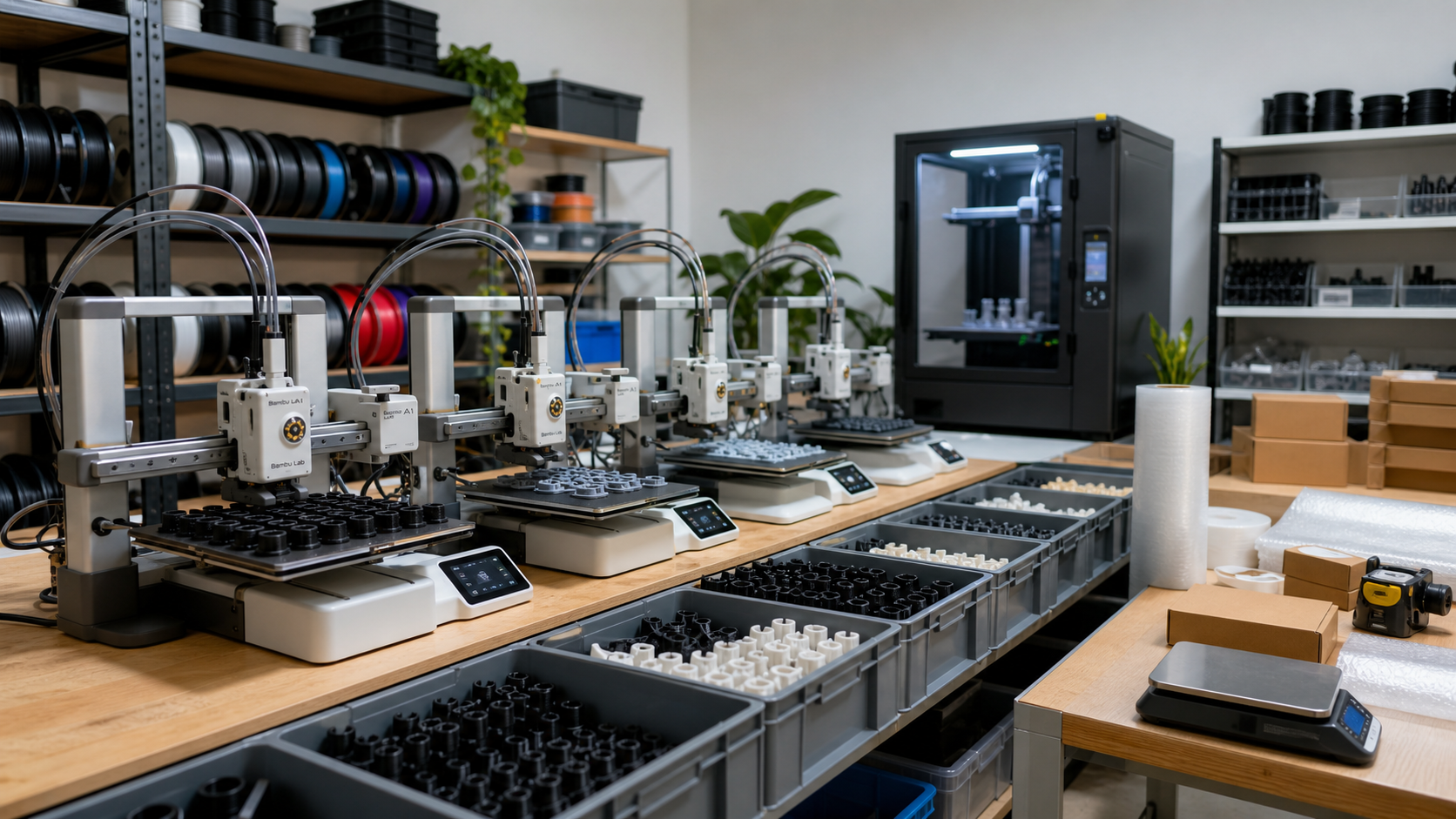 Print farm organizada com impressoras 3D e peças pequenas em lote