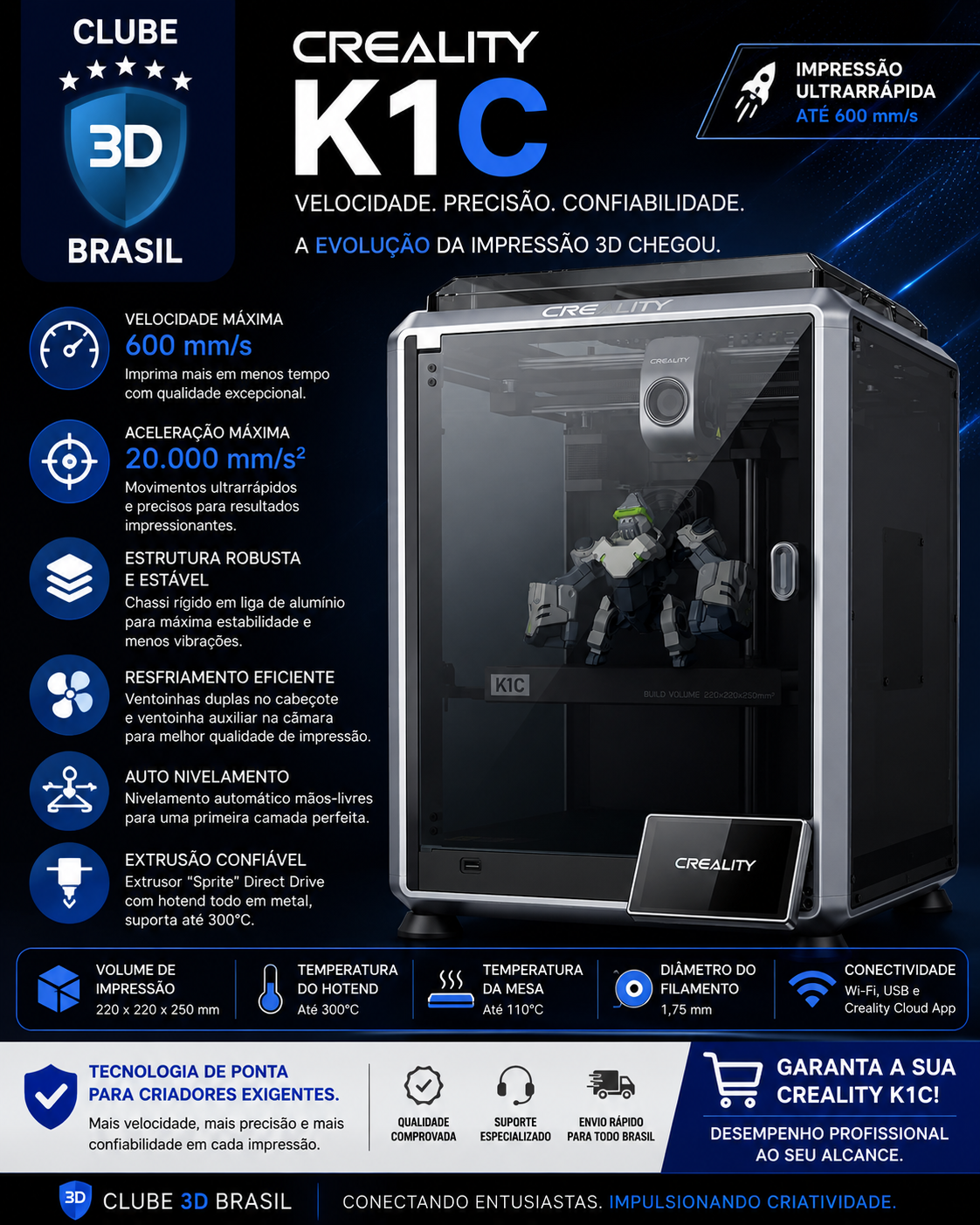 Creality K1C Impressora 3D 600 mm/s Câmera Al de alta
