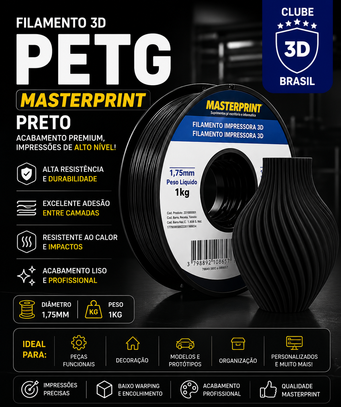 Filamento Impressora Masterprint PETG Preto