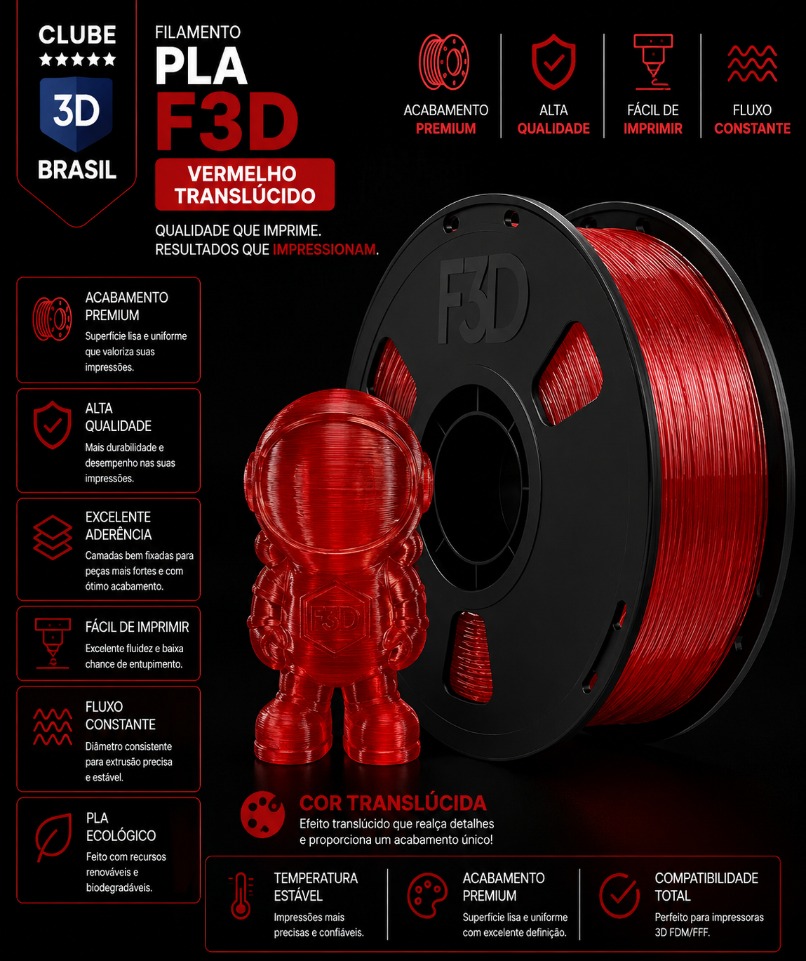 Filamento PLA 3D Vermelho Translúcido Premium
