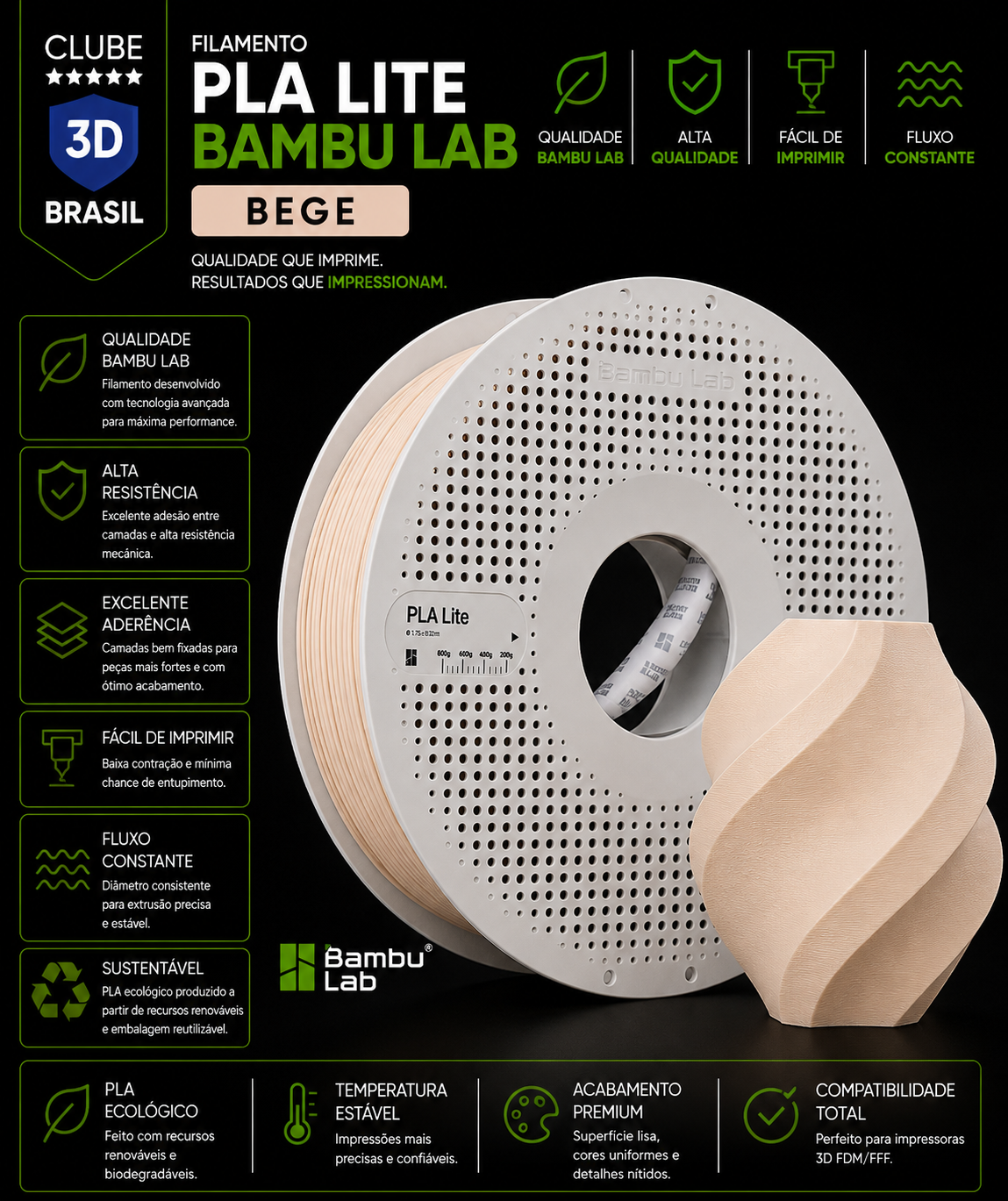 Filamento Bambu Lab PLA lite Beige - Com carretel reutilizável