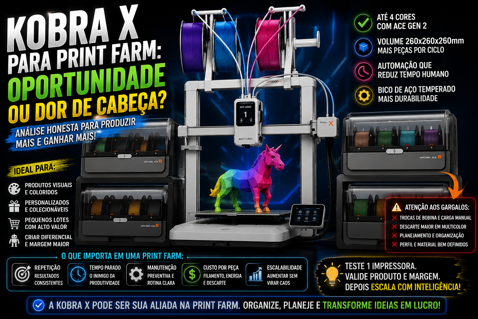 Kobra X para print farm: onde a operacao pode ganhar ou travar