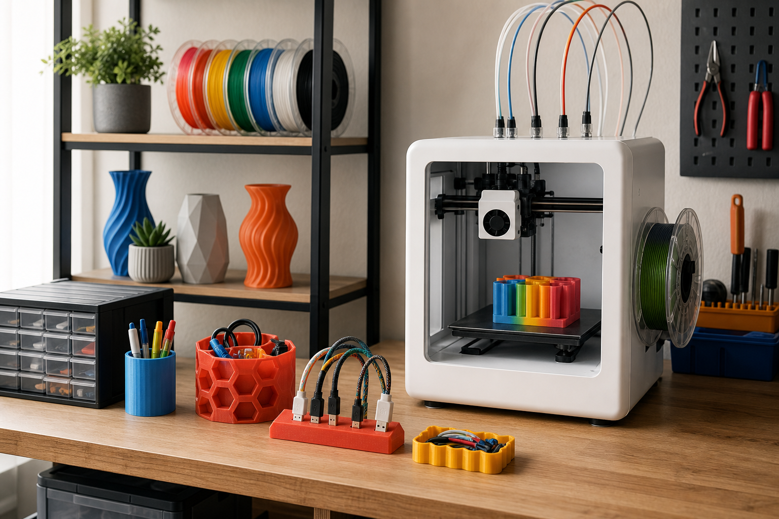 Cena editorial: impressora 3D multicolor acessivel em uso prático na impressão 3D